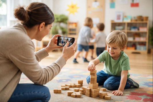 Un’adulta fotografa con lo smartphone un bambino seduto a terra mentre gioca con costruzioni in legno; l’attenzione è sull’atto del fotografare, non sul volto del bambino, in un contesto educativo interno.