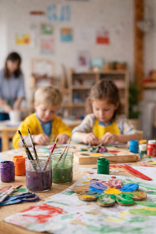Tavolo di laboratorio in una scuola dell’infanzia con colori, pennelli e lavori in corso; due bambini concentrati dipingono mentre un’adulta osserva sullo sfondo, in un’aula luminosa.