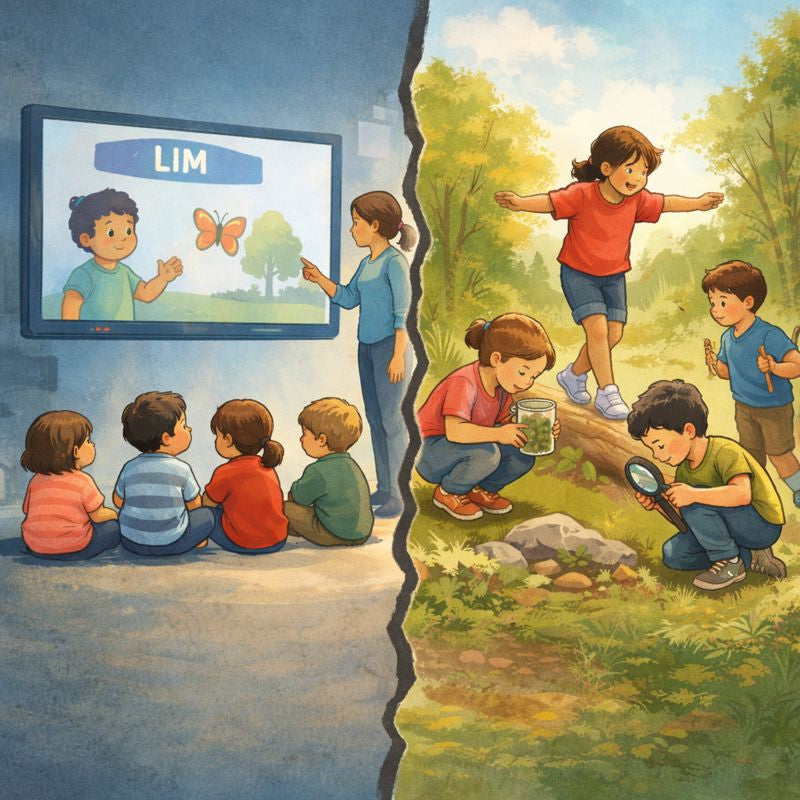 Bambini della scuola dell’infanzia in due scene affiancate: a sinistra in aula seduti davanti alla LIM ; a destra in giardino esplorano la natura