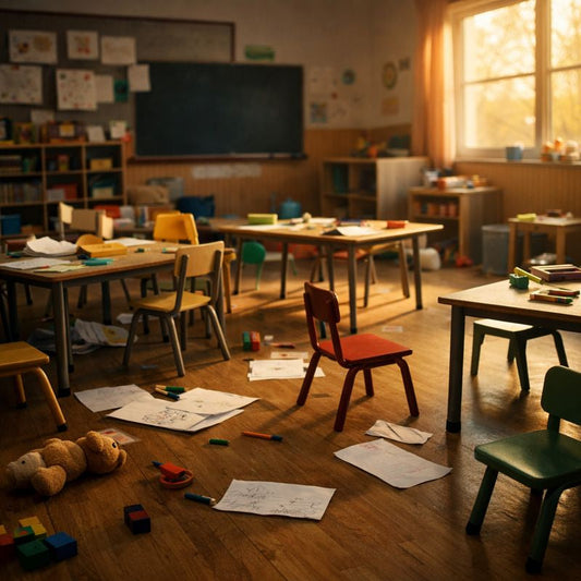 Aula educativa vuota a fine giornata, con tavoli, sedie e materiali sparsi.