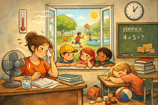 Illustrazione di una classe d’estate: insegnante affaticata al caldo, bambini stanchi ai banchi, finestra aperta su giochi all’aperto; contrasto tra tempo scolastico e bisogno di esperienze.
