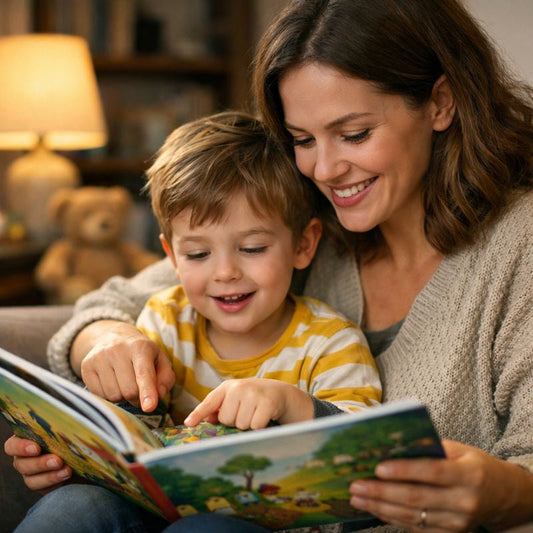 mamma che legge un libro al suo bimbo sono uno difianco all altro e il bimbo indica una parte del testo. la mamma da feedback al bimbo tramite un sorriso e puntano nel suo stesso punto del libro.