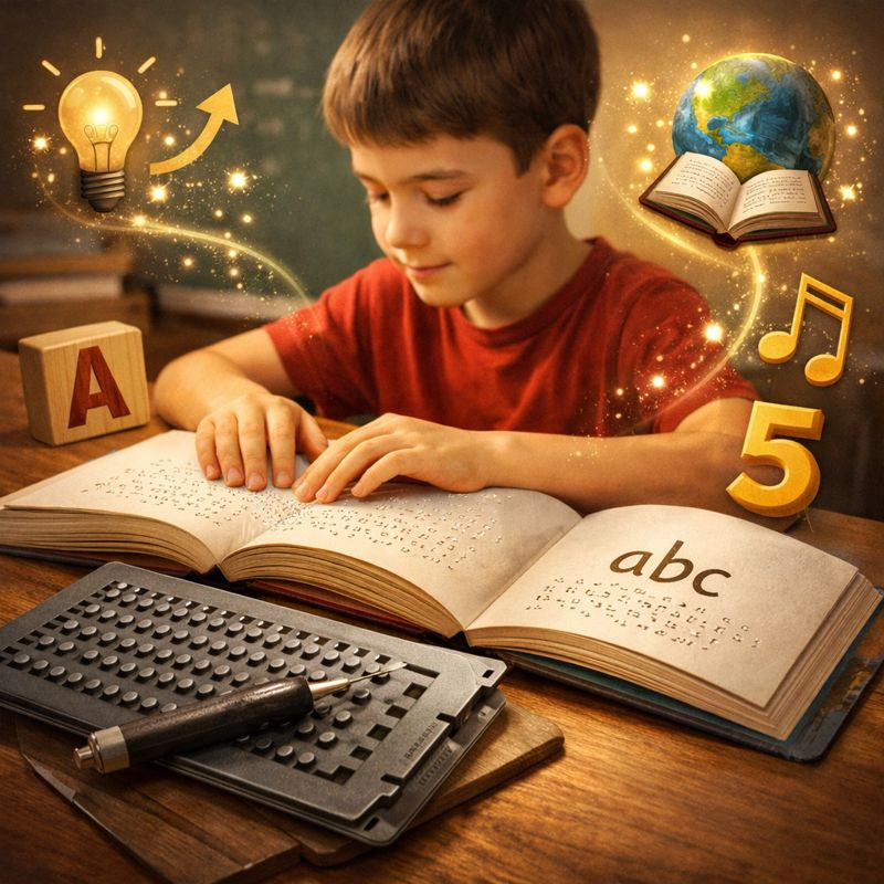 Bambino che legge un libro in Braille, toccando i puntini in rilievo con le dita. Sul tavolo sono presenti una tavoletta Braille e un punteruolo.