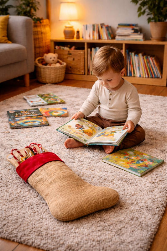 Bambino piccolo seduto sul tappeto di casa mentre sfoglia un libro illustrato; accanto a lui una calza della Befana in tessuto con libri al suo interno, in un soggiorno caldo e vissuto con libreria bassa e luce soffusa.