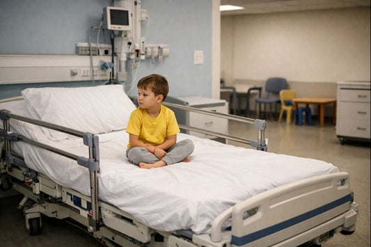 Bambino seduto al centro di un grande letto d’ospedale per adulti, in una stanza pediatrica spoglia, con arredi e spazi non proporzionati al suo corpo.