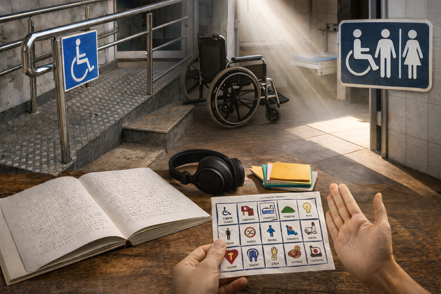 Strumenti per inclusione e accessibilità in uno spazio reale: sedia a rotelle, rampa e simbolo del bagno per disabili, cuffie antirumore, libro in Braille, tavola di CAA, luce naturale che illumina l’ambiente.