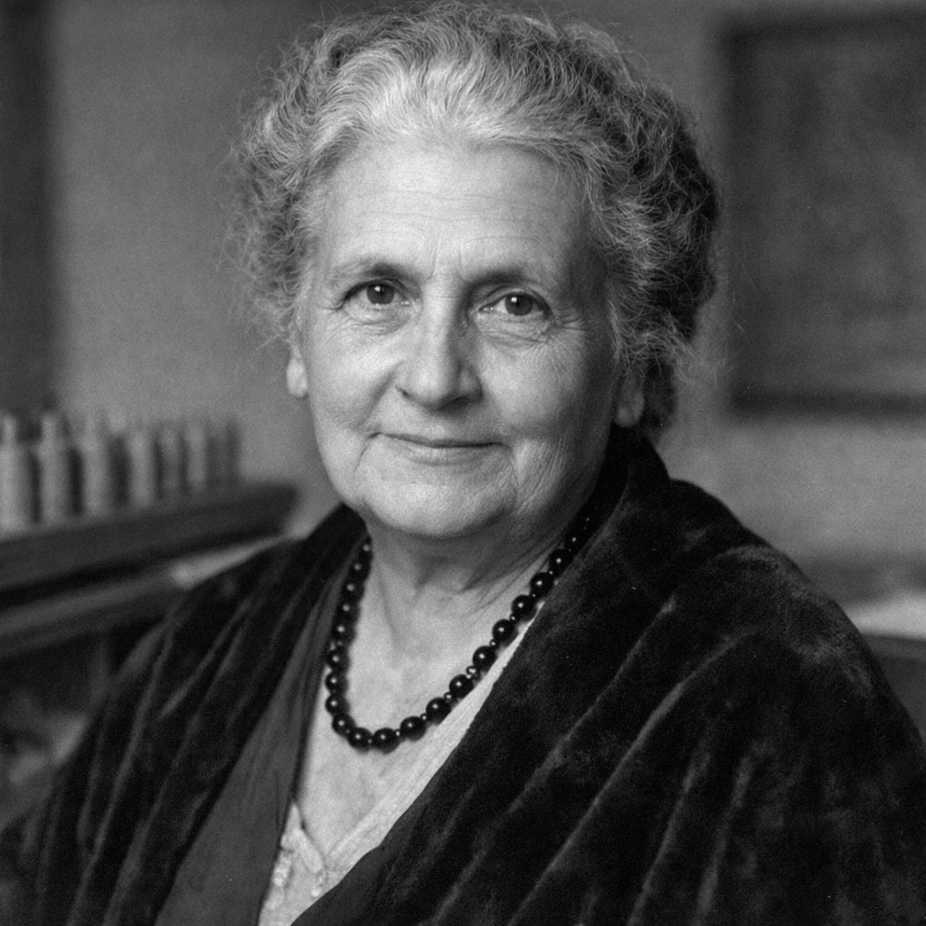 ritratto in bianco e nero di Maria Montessori, con espressione calma e determinata