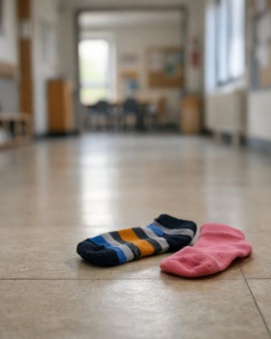 Corridoio di una scuola vuoto. Sul pavimento, c’è un paio di calzini spaiati. L’immagine richiama il giorno successivo a una giornata simbolica dedicata all’inclusione.