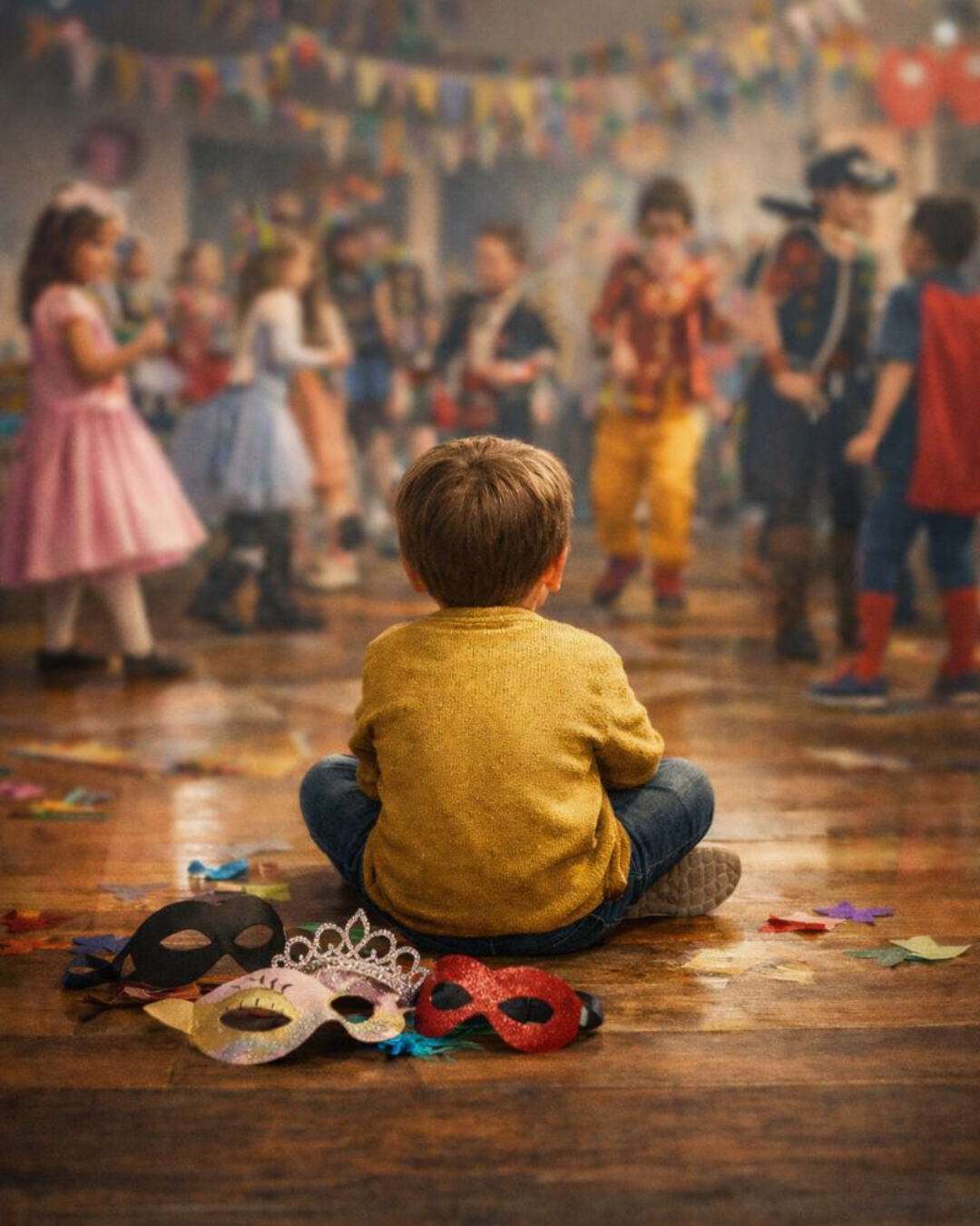 Bambino seduto a terra durante una festa di Carnevale osserva altri bambini mascherati, con alcune maschere appoggiate davanti a sé.